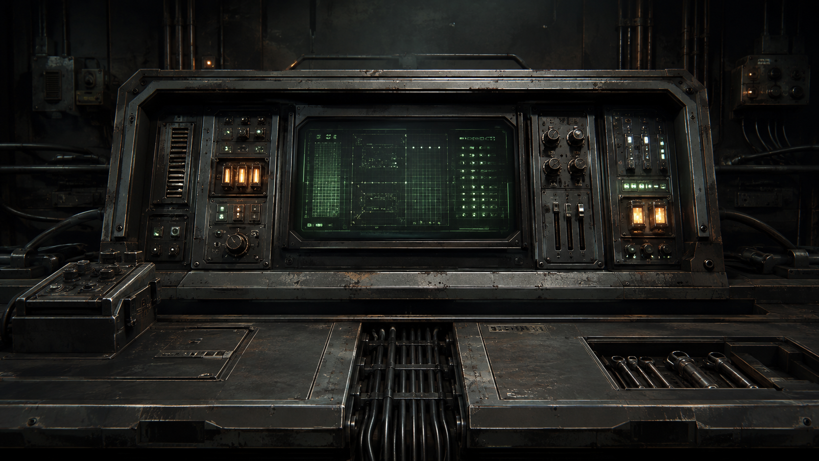 Retro-futuristic industrial console with green signal displays and amber indicators